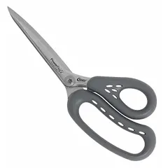 These 10-inch offset plastic-handle scissors feature straight, pointed blades with a titanium-bonded coating and gray finish. The ambidextrous design accommodates both left- and right-handed users. Suitable for cutting fabric, paper, and light materials in workshops, schools, and general maintenance tasks.