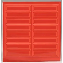 Reflective vinyl label for hard hats, red color, 4 inches wide. Supplied in a pack of 16. Enhances visibility in low-light conditions for safety identification on head protection.