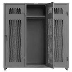 This assembled steel locker features a ventilated door and padlock hasp for secure personal storage. The 3-unit-wide, 1-tier design is finished in RAL 7037 Dusty Gray. Suitable for use in industrial facilities, schools, gyms, and changing rooms where airflow and security are needed.
