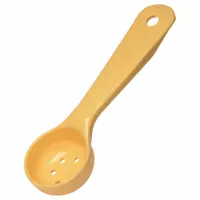 This perforated acetal spoon provides consistent 1 oz portions in foodservice settings. The yellow color aids identification, and the perforated bowl allows liquid drainage while retaining solids. NSF certified for commercial use