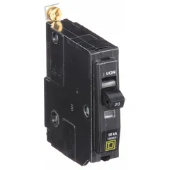 Single-pole bolt-on miniature circuit breaker rated 20 A at 120/240V AC with a maximum interrupting rating of 10 kA. Suitable for overcurrent protection in Square D NQOD panelboards within commercial and industrial electrical distribution systems.