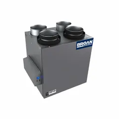 This residential energy-recovery ventilator (ERV) exchanges stale indoor air with fresh outdoor air while recovering heat and moisture. It delivers 127 cfm at 0.400 in SP with 80% maximum efficiency, operates on 120V AC with a plug-in connection, and features variable speed control and exhaust-only defrost. Suitable for continuous balanced ventilation in homes.
