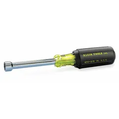 This SAE standard nut driver features a 3-inch hollow round shank, allowing it to fit over long bolts or threaded rods. It is designed for tightening or loosening hex-head fasteners in applications where clearance is limited. The tool has a non-magnetized tip and is suitable for general assembly and maintenance tasks.