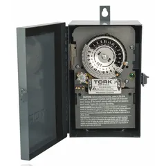 This electromechanical timer switch provides 24-hour time-based control for outdoor applications. It features a metal body for surface mounting and is rated for 120V AC with a 3PST switching configuration. Suitable for controlling lighting, HVAC, and motor circuits in commercial or industrial settings.