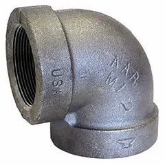This 90° elbow is used to change direction in high-pressure piping systems. It features 1 in x 1 in Female NPT Threaded connections, is made of malleable iron with a zinc-galvanized finish, and has a maximum operating pressure of 2,000 psi at 150° F.