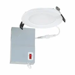 This 4-inch low-profile canless downlight operates at 120V AC and delivers 650 lumens at 5000K color temperature with a power draw of 9 watts. It is dimmable and the trim color is available separately. Suitable for general indoor lighting in spaces such as kitchens, hallways, and offices.