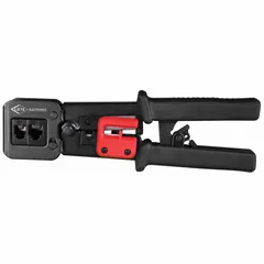 This modular data plug crimper is designed for terminating Pass Thru RJ-45 connectors on Cat5e and Cat6 cables. It features a deluxe cushion grip for comfort and a 5-inch overall length. Suitable for network cabling installations requiring reliable terminations.