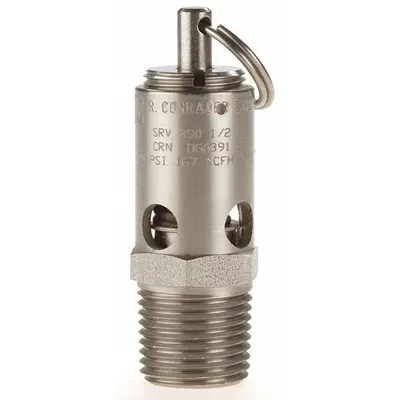 CONRADER Safety Valve: Soft Seat, 1/2 in (M)NPT Inlet (In.), 175 psi Preset Setting (PSI) - Soft Seat Pneumatic Safety Valves