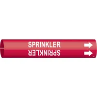 This snap-on pipe marker identifies sprinkler system piping. It features a red background with white legend text reading 'Sprinkler' and includes directional arrows. Designed to fit pipe outer diameters from 3/4 to 1-3/8 inches. Suitable for use in industrial and commercial facilities for clear pipe identification