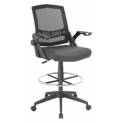 BOSS Drafting Chair: Black, Vinyl & Mesh Material, Adj Arms Arm, 18 in Seat Wd - Adjustable-Arm Drafting Chairs