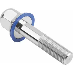 Partially threaded M8 crowned hygienic flanged hex head bolt with an FDA-approved pre-mounted sealing washer. Designed for use in sanitary environments where a clean, secure fastening is required to prevent contamination. Suitable for food, beverage, and pharmaceutical processing equipment.