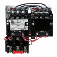NEMA Size 0 reversing starter for three-phase motor control, rated 18 A with 3 poles and 110/120V AC coil. Features screw clamp terminals for secure wiring. Requires three melting alloy thermal units (not included) for overload protection. Suitable for forward and reverse rotation applications such as conveyors, pumps, and hoists.