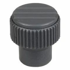 Knurled knob with threaded hole, plastic body with steel thread insert. M4 thread, 10 mm thread length, 21 mm diameter. Gray color. Used for manual adjustment and clamping on machinery, fixtures, and industrial equipment.