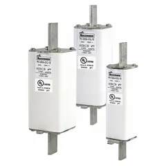 Fast-acting bolt-on fuse rated 250 A and 1000 V DC. Part of the PV-2XL series. Used for overcurrent protection in photovoltaic systems.