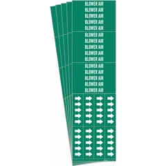 Green adhesive pipe marker with white legend reading 'Blower Air' and directional arrows. Designed for pipes with outside diameter of 3/4 inch and smaller. Each pack contains 5 markers (3 individual pipe markers). Used for identifying blower air lines in industrial piping systems.
