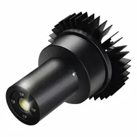 This 25 W LED projector displays a yellow 'Caution Pedestrian' safety sign legend onto floors or walls. It includes a mounting bracket and projector with lens for light-marking applications in industrial facilities, warehouses, and pedestrian walkways to visually alert personnel to vehicle traffic or crossing zones