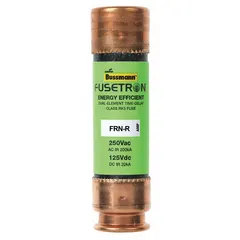 The BUSSMANN FRN-R-60 is a Class RK5, time-delay cylindrical fuse from the FRN-R Series, rated at 60 A with 250 V AC and 125 V DC capacity. It is non-indicating and designed for overcurrent protection in branch circuits, providing time-delay to accommodate temporary inrush currents without nuisance opening. Typical applications include protection of motors, transformers, and lighting circuits in industrial electrical systems.
