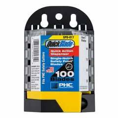 Steel straight-edge blunt-tip replacement utility blades, 1 11/16 in length and 3 in width, supplied in a 100-pack safety point blade dispenser. Used for cutting tasks such as opening cartons, trimming materials, and general packaging applications.