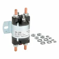 DC power solenoid with 12 V DC coil, SPDT contact form, and continuous duty cycle. Features 4 terminals: #10-32 coil termination and 5/16 in-24 contact termination. Used for switching DC loads in battery banks, motor controls, and power distribution systems
