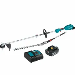 This combination kit includes a 13-inch string trimmer and a hedge trimmer, both powered by a 4.0 Ah battery for cordless operation. Suitable for trimming grass, edging lawns, and shaping hedges and shrubs in residential and commercial landscaping.