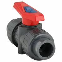 This 3/4 in PVC ball valve is a straight, two-way valve with socket x FNPT connections and a standard port. It features a lever handle for manual operation. Suitable for use in low-pressure fluid systems requiring corrosion resistance, such as plumbing, irrigation, and process lines handling water, chemicals, or air