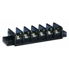 This 6-pole surface mount barrier strip accepts wire sizes from 22 AWG to 10 AWG and is rated for 30 A maximum current. It is used for securing and organizing electrical connections in control panels, junction boxes, and surface-mount wiring applications. Cover is not included.