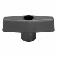 This T-handle knob features a 2.5 in diameter plastic body with a steel threaded through-hole in 5/16"-18 thread size. It is used for manual clamping, positioning, and adjustment on industrial machinery, jigs, and fixtures. The design provides a comfortable grip for assembly, machining, and material handling applications