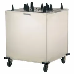 This stainless steel heated plate dispenser cart holds plates up to 9 1/8 inches and keeps them warm for service. It has an overall height of 39 7/8 inches and length of 32 inches, with two casters including brakes for mobility. NSF certified for food safety, it is suited for commercial kitchens and buffet lines.