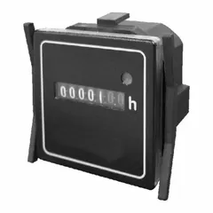 Analog hour meter with square flush-mount bezel for front panel installation. Operates on 90-120 VAC at 60 Hz. CE certified. Suitable for tracking operating hours of industrial equipment such as generators, pumps, and compressors to support preventive maintenance scheduling.