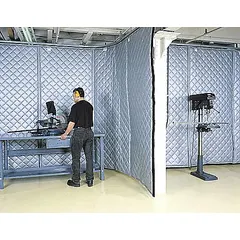Track-mounted hanging acoustic curtain for noise reduction in industrial environments. Fiberglass panel, 2 in thick, 25 ft overall length, 4 ft overall width, straight panel shape. Suitable for use in factories, machine shops, and processing plants.
