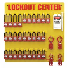 This plastic, open-front lockout station is filled with 70 components, including two steel hasps with a 1 in closed hole that accommodate up to six padlocks with a shackle diameter of 3/8 in. Padlocks are keyed different. The station provides board-only visibility inside and is suitable for organizing lockout/tagout devices in industrial settings where energy isolation procedures are required.