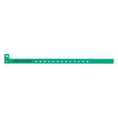 Plastic security wristband in green, 12 7/8 inches long and 1 1/8 inches wide. Pack of 500. Used for identification purposes in settings requiring clear visual alerts, such as indicating latex allergies.