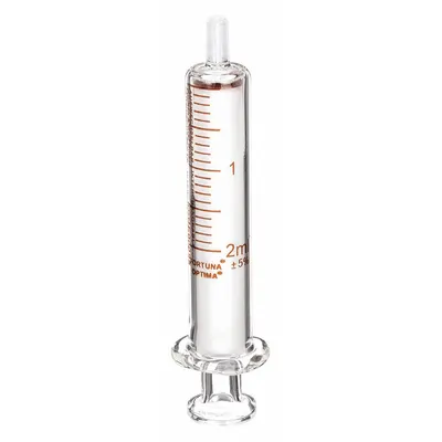 FORTUNA Reusable Glass Syringe: 2 mL Capacity - mL, Luer Slip, Borosilicate Glass - Luer Slip Syringes
