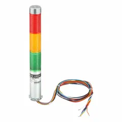 This three-tier tower light assembly provides visual status indication with amber, green, and red light tiers. It operates on 24V AC/DC and has an overall height of 8 3/16 inches. No sounder tier is included. Typical applications include signaling machine states on industrial equipment and automation systems.