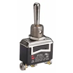 Panel-mount toggle switch with SPDT circuitry and momentary on/off/momentary on function. Rated 18 A at 125 V AC and 1-1/2 hp. Features three screw terminals for secure wiring connections. Suitable for industrial control panels and motor switching applications requiring momentary actuation.