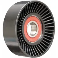Light-duty polymer flat idler pulley for serpentine belt systems. Features a flangeless flange design. Used in vehicle accessory drives to maintain belt tension and routing