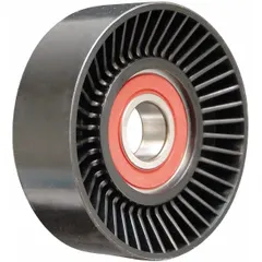 Light-duty polymer flat idler pulley for serpentine belt systems. Features a flangeless flange design. Used in vehicle accessory drives to maintain belt tension and routing.
