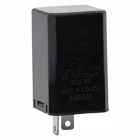 2-terminal flasher relay for controlling turn-signal or hazard-light flash rate in automotive and heavy-duty vehicle electrical systems. Rated for 11-15V DC, 45 A, with a flash rate of 60 to 120 per minute. Compatible with standard round sockets