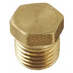 Brass hydraulic hose plug with 1/4 in fitting size and 1/4-18 NPTF threads. Rated for 1200 psi maximum working pressure at 70°F. Used to seal open ports on hydraulic systems, preventing fluid leaks and contamination in industrial machinery and fluid power applications.