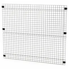 This steel panel is a component of the Husky Rack & Wire Quick-Assemble Woven-Wire Partition system. It is finished with a black powder coating and measures 5 ft in height, 6 ft in width, and 1 1/2 in in depth. Used for constructing enclosures, security cages, and storage partitions in industrial settings.