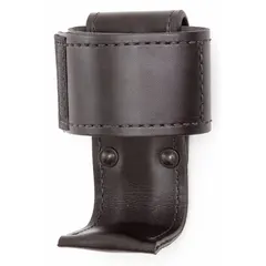 This duty equipment pouch is constructed from black leather with a basket weave finish and features a hook-and-loop closure. It is designed to carry a radio or phone for quick access during security or tactical operations.