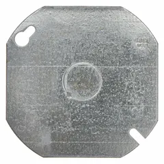 Steel hub cover designed for octagon-shaped electrical boxes. Provides a secure mounting point for fixtures or conduit while protecting connections. Overall length of 3-5/8 inches. Suitable for indoor or outdoor use where a weather-resistant cover is needed.