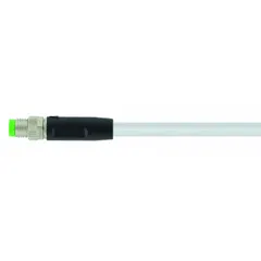Single-ended cordset with a gray PVC jacket for flexing applications. Features an M8 male straight connector on one end and bare wire on the other. 3 pins, 24 AWG wire size, 7.5 m cable length. Rated IP65 for dust and water ingress protection. Suitable for connecting sensors or actuators in industrial automation environments.