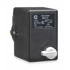 Diaphragm-actuated pressure switch with 3/8" FNPT connection, suitable for air and water systems. Standard configuration with Auto/Off operation, pressure range 45-160 psi, and ON/OFF differential of 100 psi / 125 psi. Used in compressors, pumps, and industrial fluid control applications.