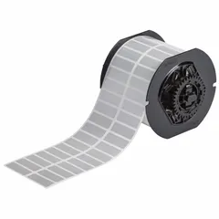 Acrylic thermal transfer precut label roll with permanent adhesive, measuring 1/2 in x 1 1/2 in. Supplied in rolls of 5,000 labels, compatible with the i5300 printer series. Used for durable identification in industrial facilities, including asset tracking, cable marking, and safety labeling.