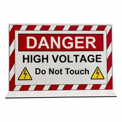 This free-standing plastic sign warns of high voltage electrical hazards. It measures 6-1/2 x 11 inches with a 0.25-inch thickness. The sign is not reflective or glow-in-the-dark. Suitable for placement on floors or work surfaces in industrial settings to mark temporary or mobile hazard zones.