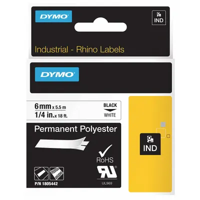DYMO Combined Label and Ribbon Cartridge: 1/4 in x 18 ft, Polyester, White (Gloss) - Dymo Thermal Transfer Continuous Label Roll Cartridges