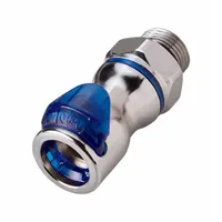 This chrome-plated brass quick-disconnect tube fitting features a Cool Blue finish and a 1/2 in pipe size. It has a Quick-Disconnect Coupler x ORB connection type, designed for tool-free coupling in fluid handling systems. Suitable for pneumatic or hydraulic lines requiring secure, leak-free connections