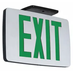 This aluminum LED exit sign operates on 120/277 V AC and features a black housing with green text. It includes universal field selectable chevrons for directional indication and a nickel cadmium battery backup. Suitable for ceiling or wall mounting, it provides clear emergency egress marking in commercial and industrial facilities.