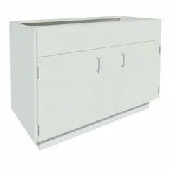 This steel sink base cabinet is designed for commercial or industrial sink installations. It provides a sturdy foundation for sinks in workshops, laboratories, or manufacturing facilities. Overall width 4 1/4 ft, depth 22 in, height 35 1/8 in. No drawers.